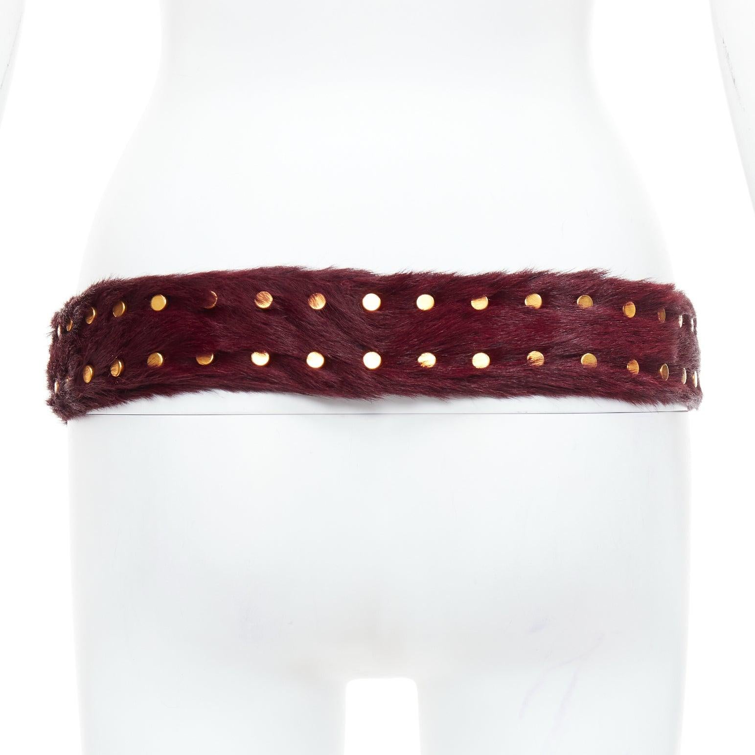 PRADA burgundy genuine fur gold flat studs buckled belt 80cm 1