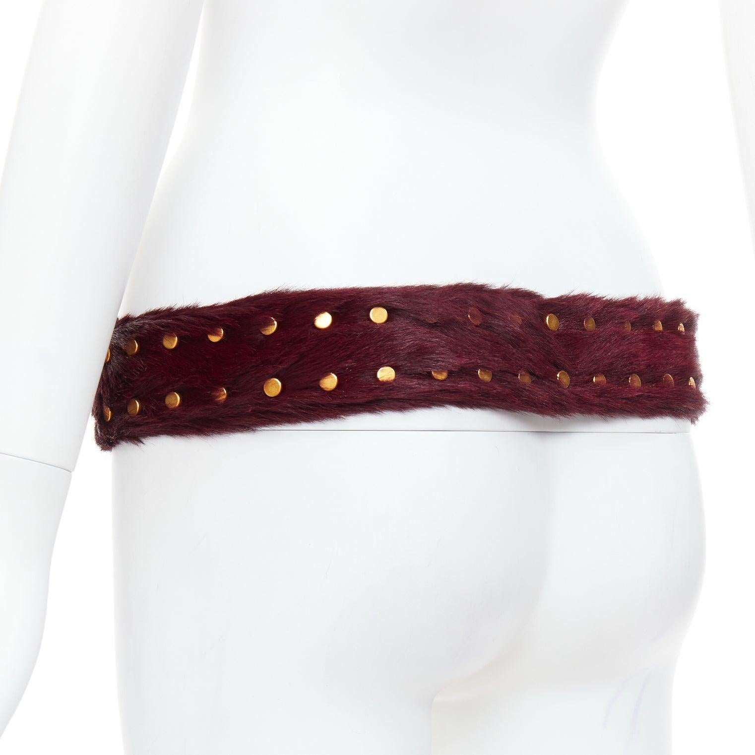 PRADA burgundy genuine fur gold flat studs buckled belt 80cm 2