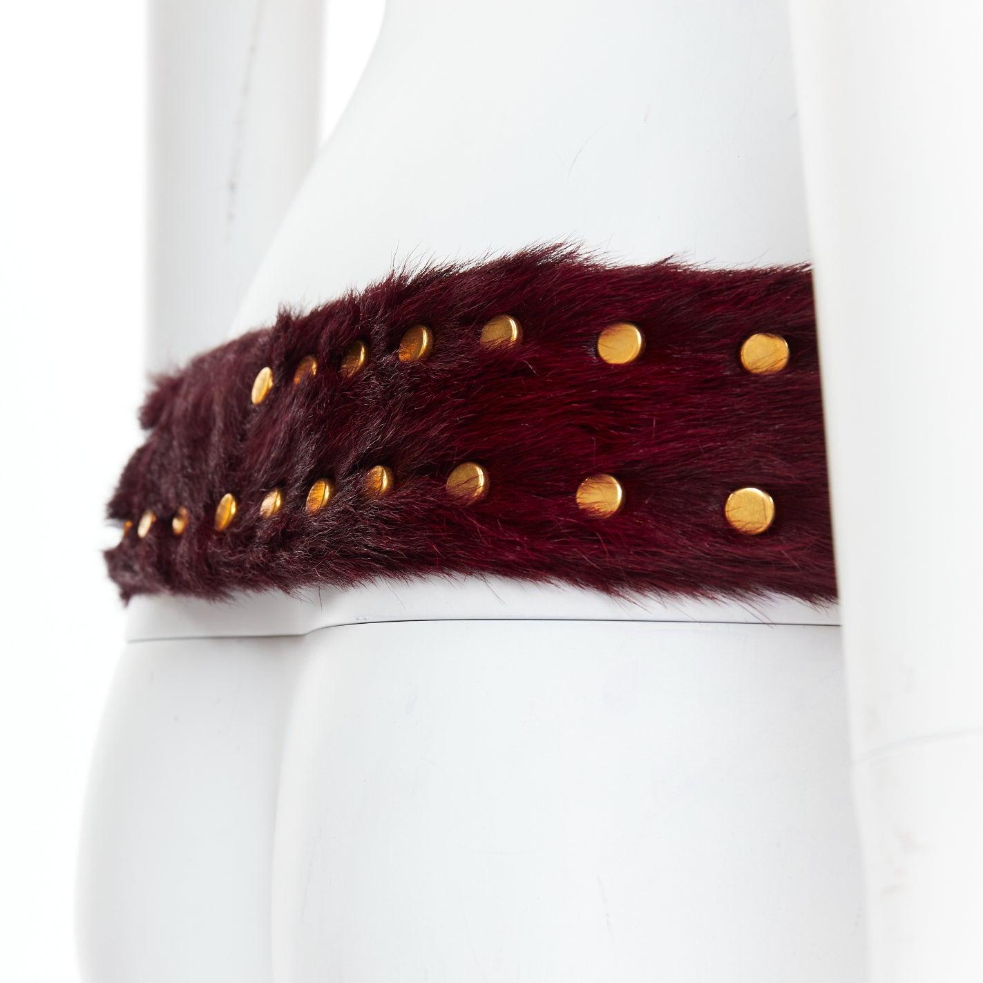 PRADA burgundy genuine fur gold flat studs buckled belt 80cm 3