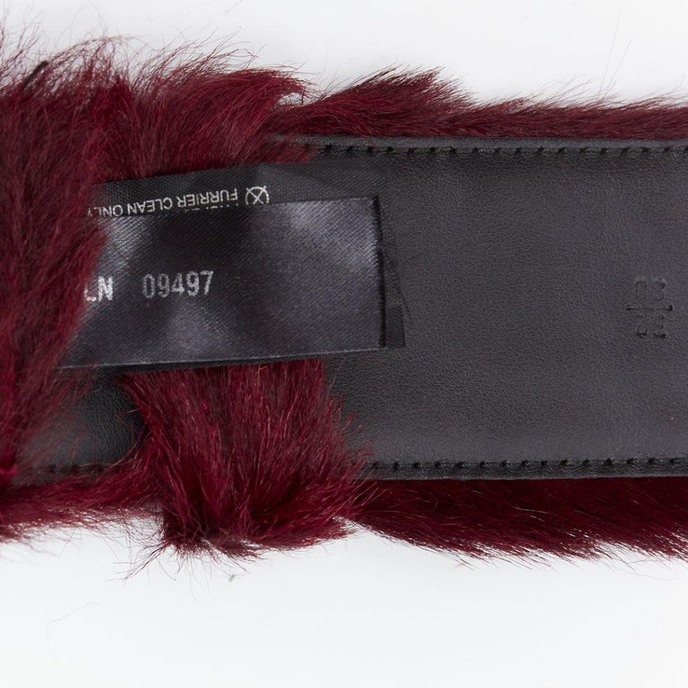 PRADA burgundy genuine fur gold flat studs buckled belt 80cm  display picture 1