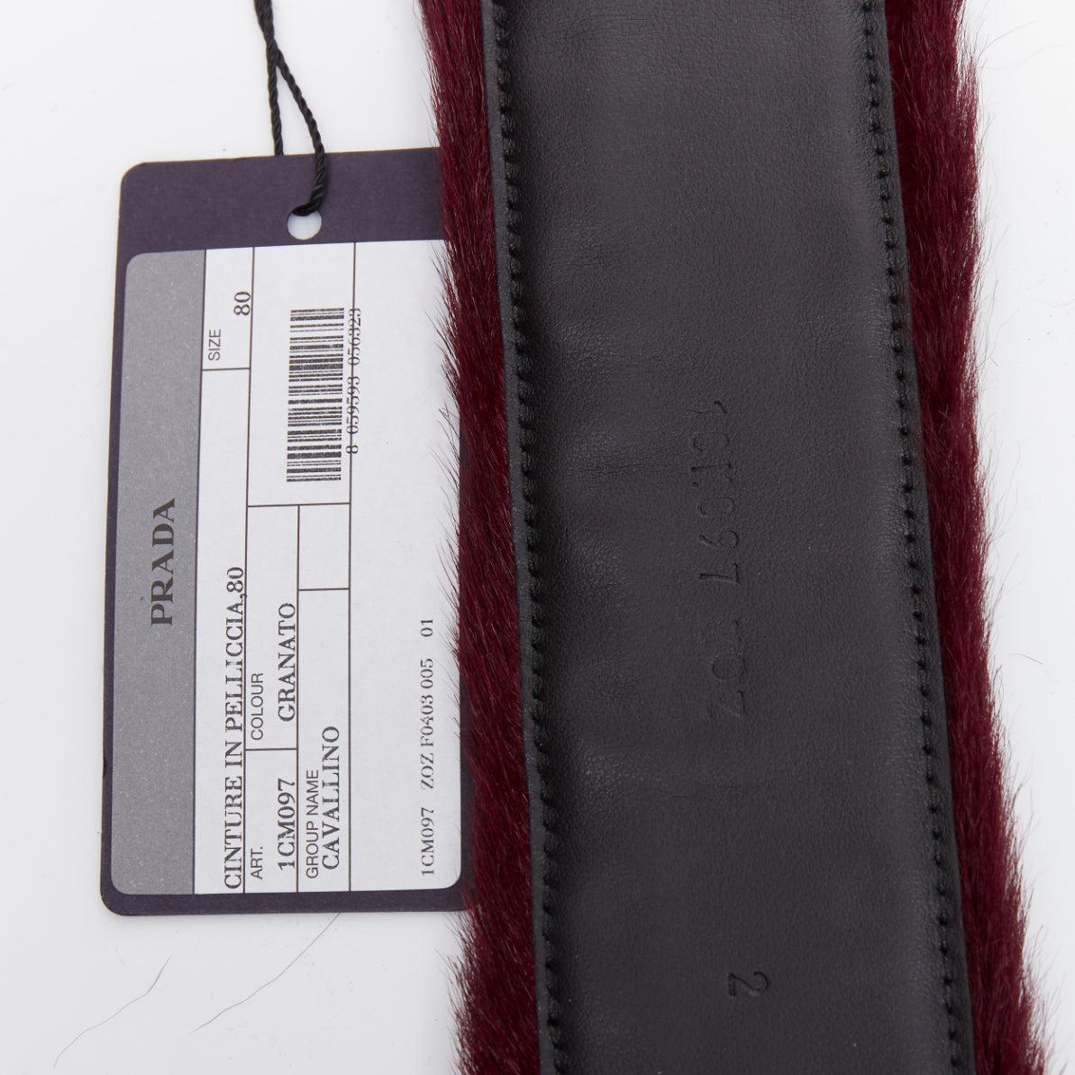 PRADA burgundy genuine fur gold flat studs buckled belt 80cm 5