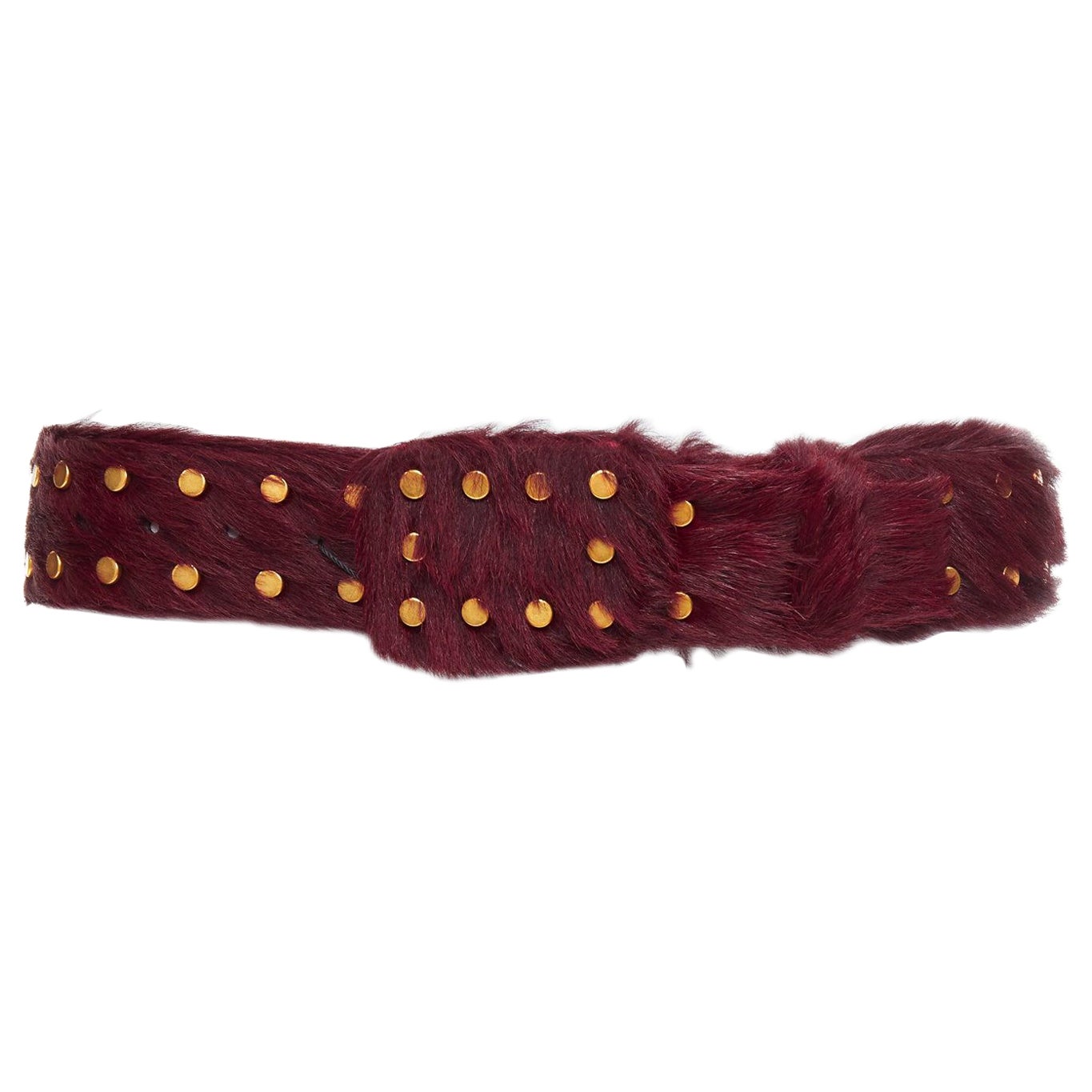 PRADA burgundy genuine fur gold flat studs buckled belt 80cm