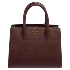 Prada Burgundy/Grey Saffiano Leather Bibliotheque Tote