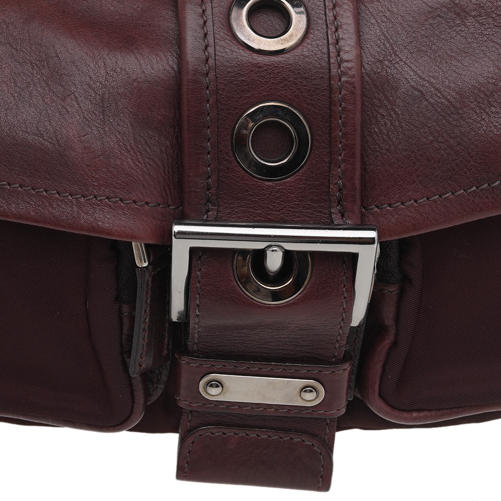 Prada Burgundy Leather And Nylon Buckle Flap Shoulder Bag 5