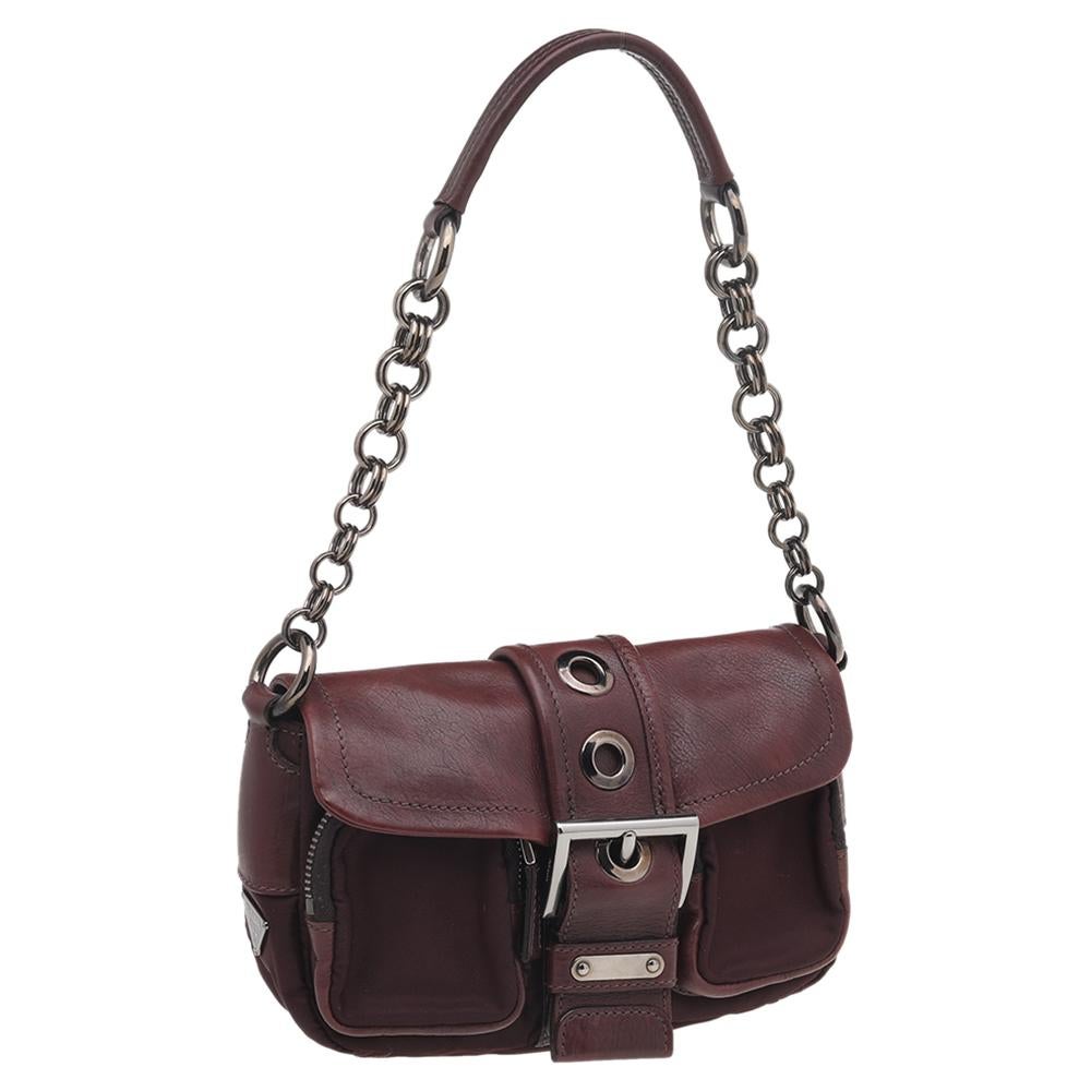 Prada Burgundy Leather And Nylon Buckle Flap Shoulder Bag In Good Condition In Dubai, Al Qouz 2