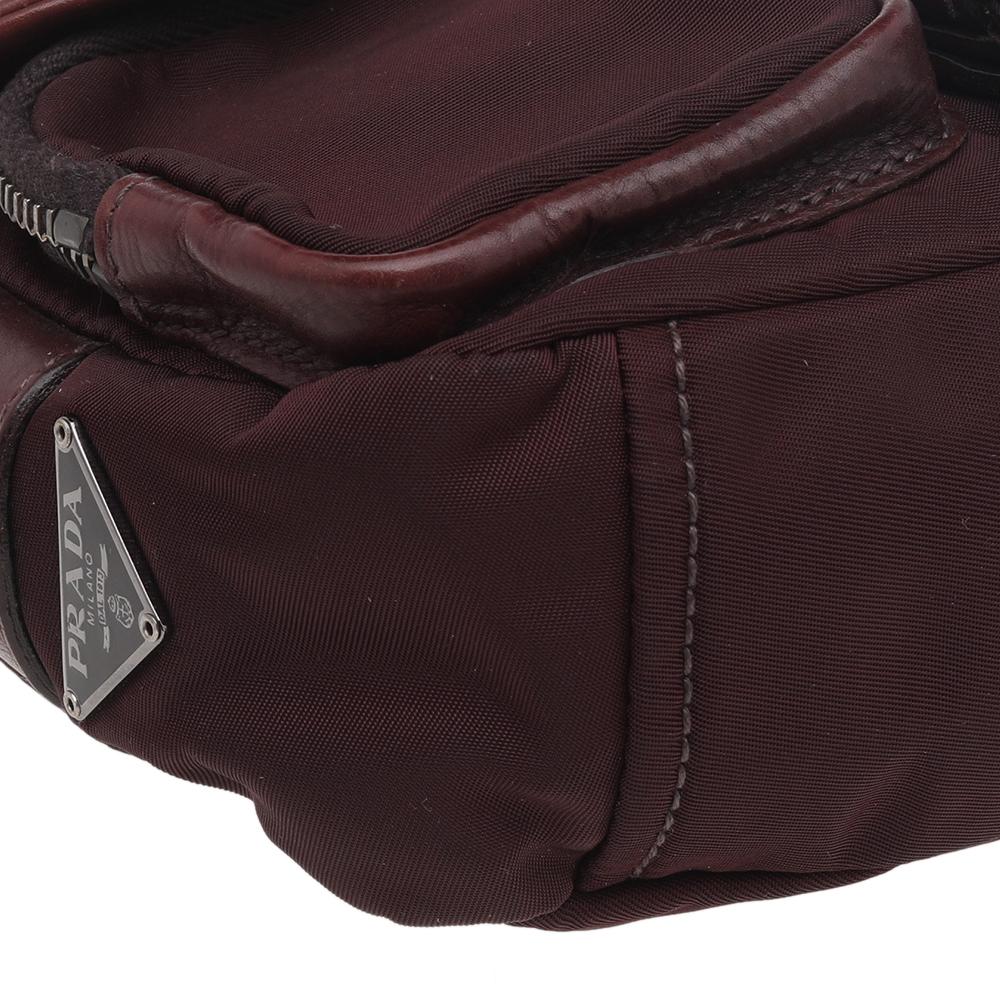 Prada Burgundy Leather And Nylon Buckle Flap Shoulder Bag 1