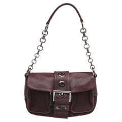 Prada Burgundy Leather And Nylon Buckle Flap Shoulder Bag