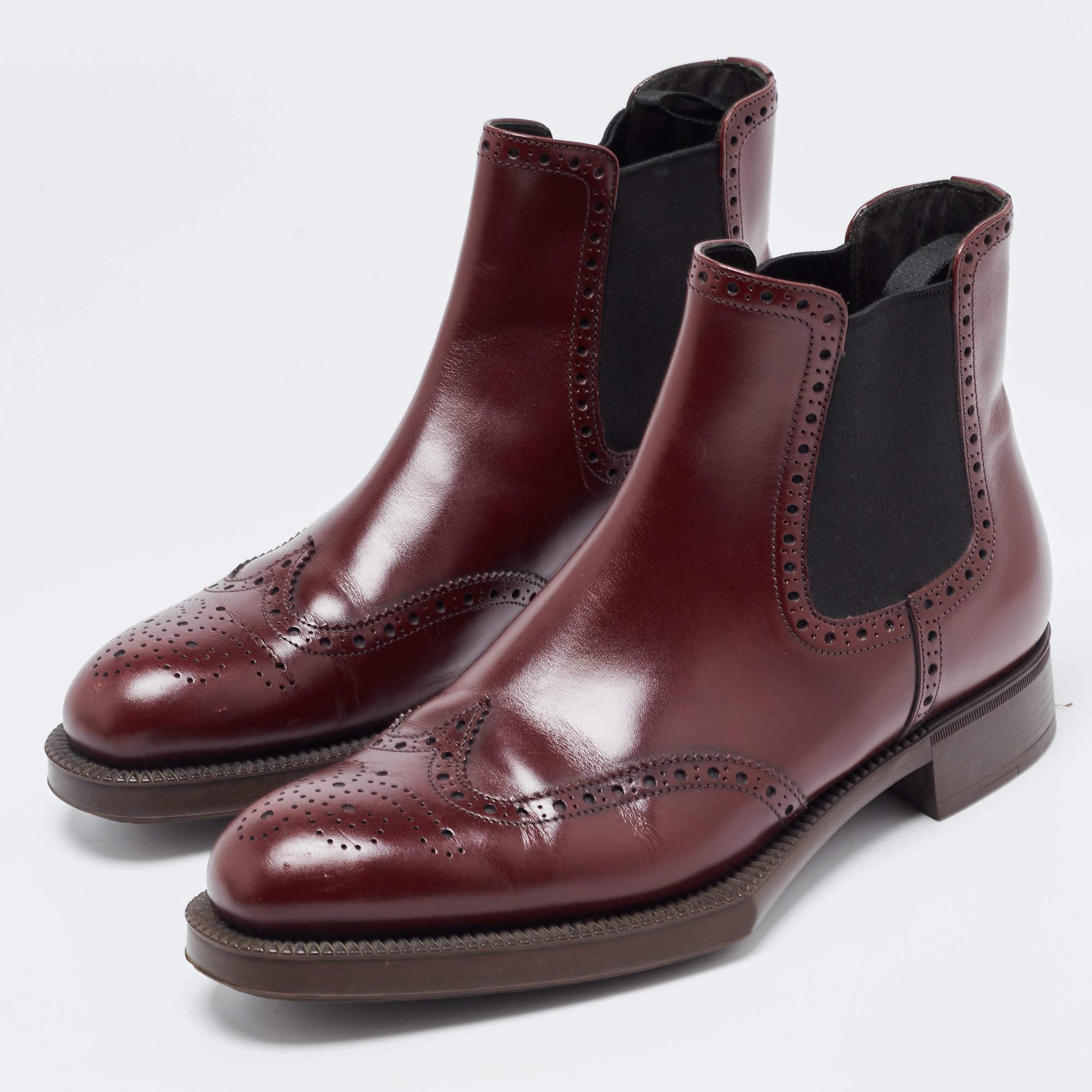 Women's Prada Burgundy Leather Brogue Ankle Boots Size 38.5