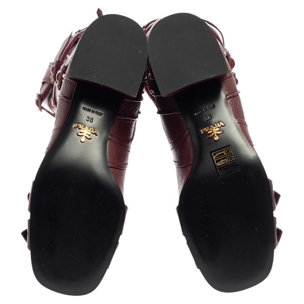 Black Prada Burgundy Leather Buckle Embellished Over The Knee Boots Size 38