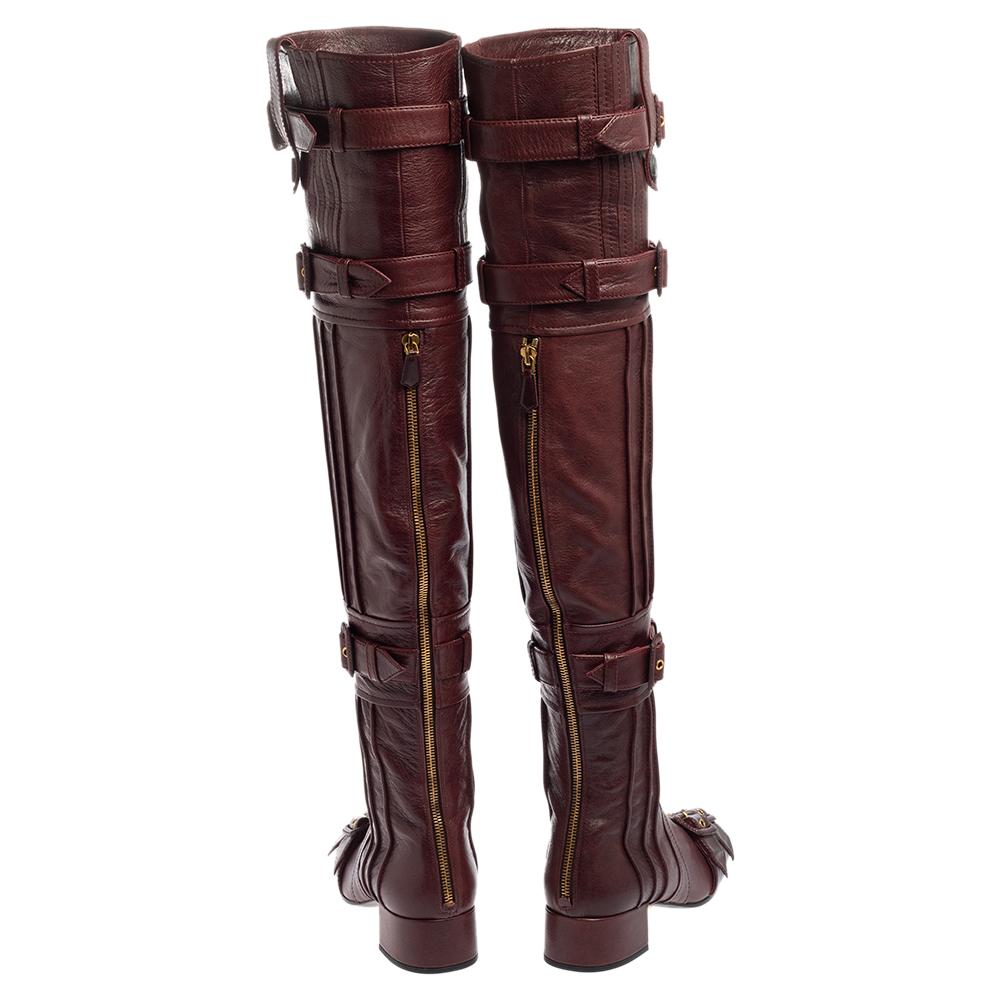 Black Prada Burgundy Leather Buckle Embellished Over The Knee Boots Size 38