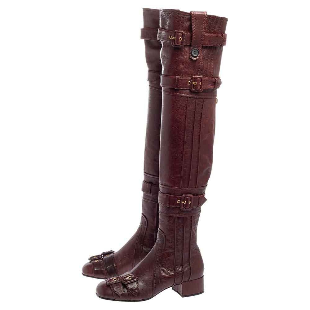 Prada Burgundy Leather Buckle Embellished Over The Knee Boots Size 38 2
