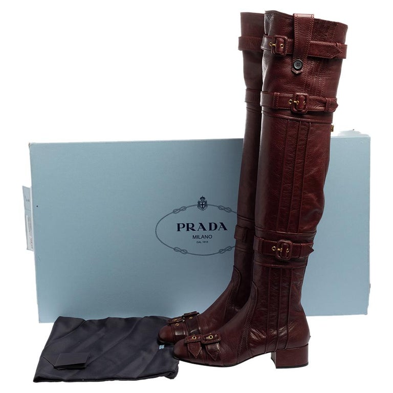 Prada Burgundy Leather Buckle Embellished Over The Knee Boots Size