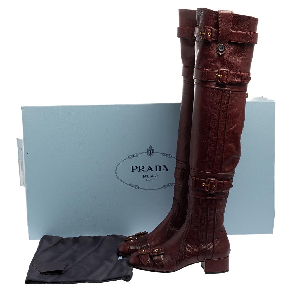 Prada Burgundy Leather Buckle Embellished Over The Knee Boots Size 38 3