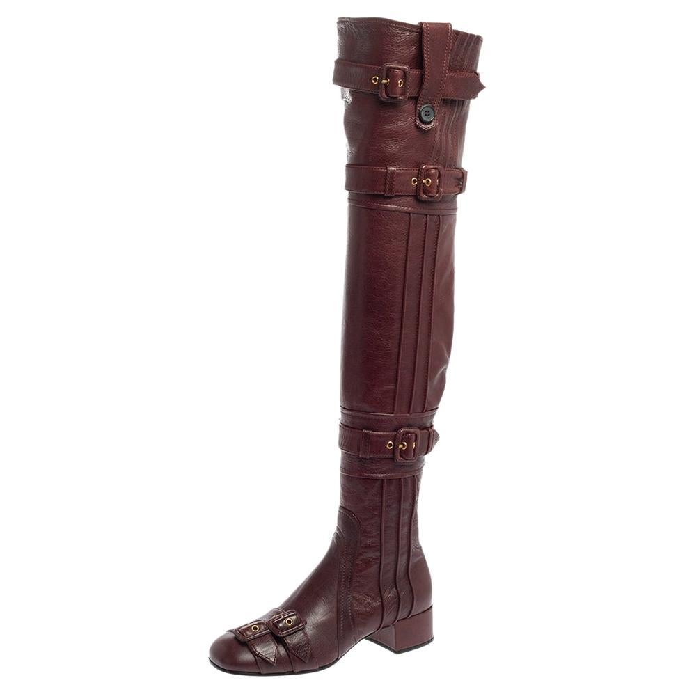 Prada Burgundy Leather Buckle Embellished Over The Knee Boots Size 38