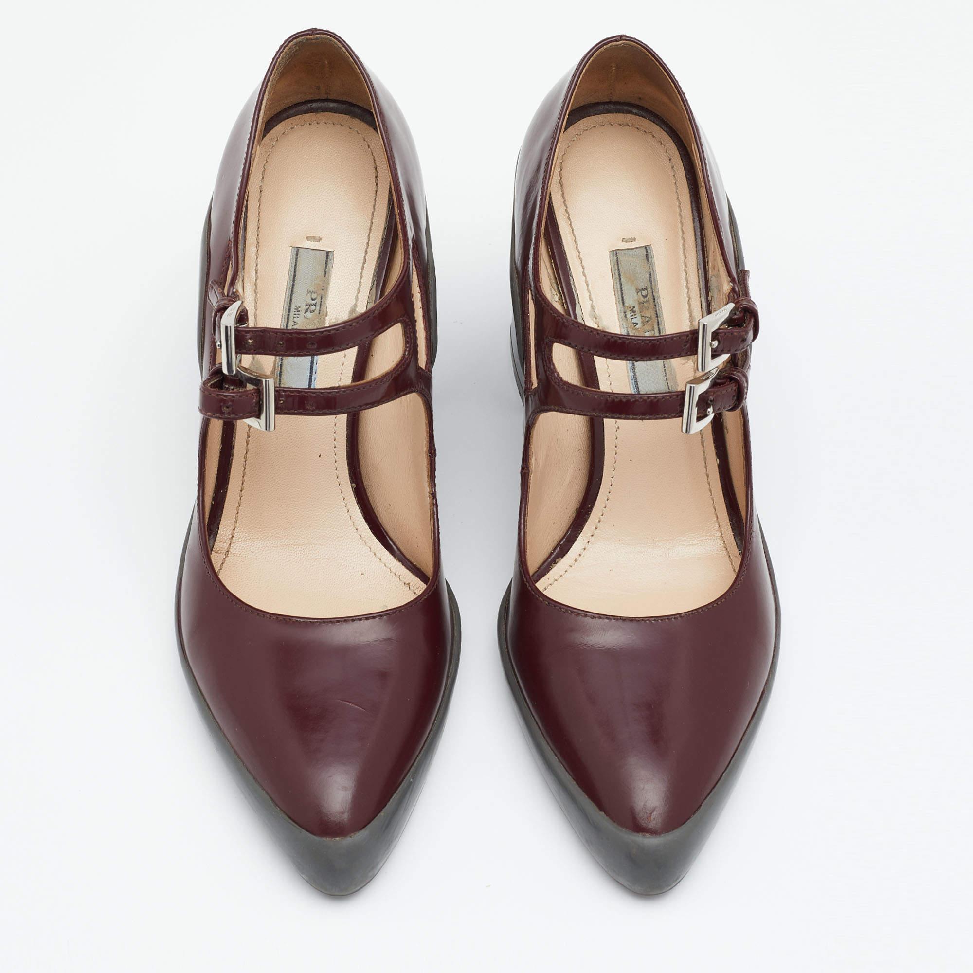 Gray Prada Burgundy Leather Dual Strap Mary Jane Block Heel Pumps Size 37.5
