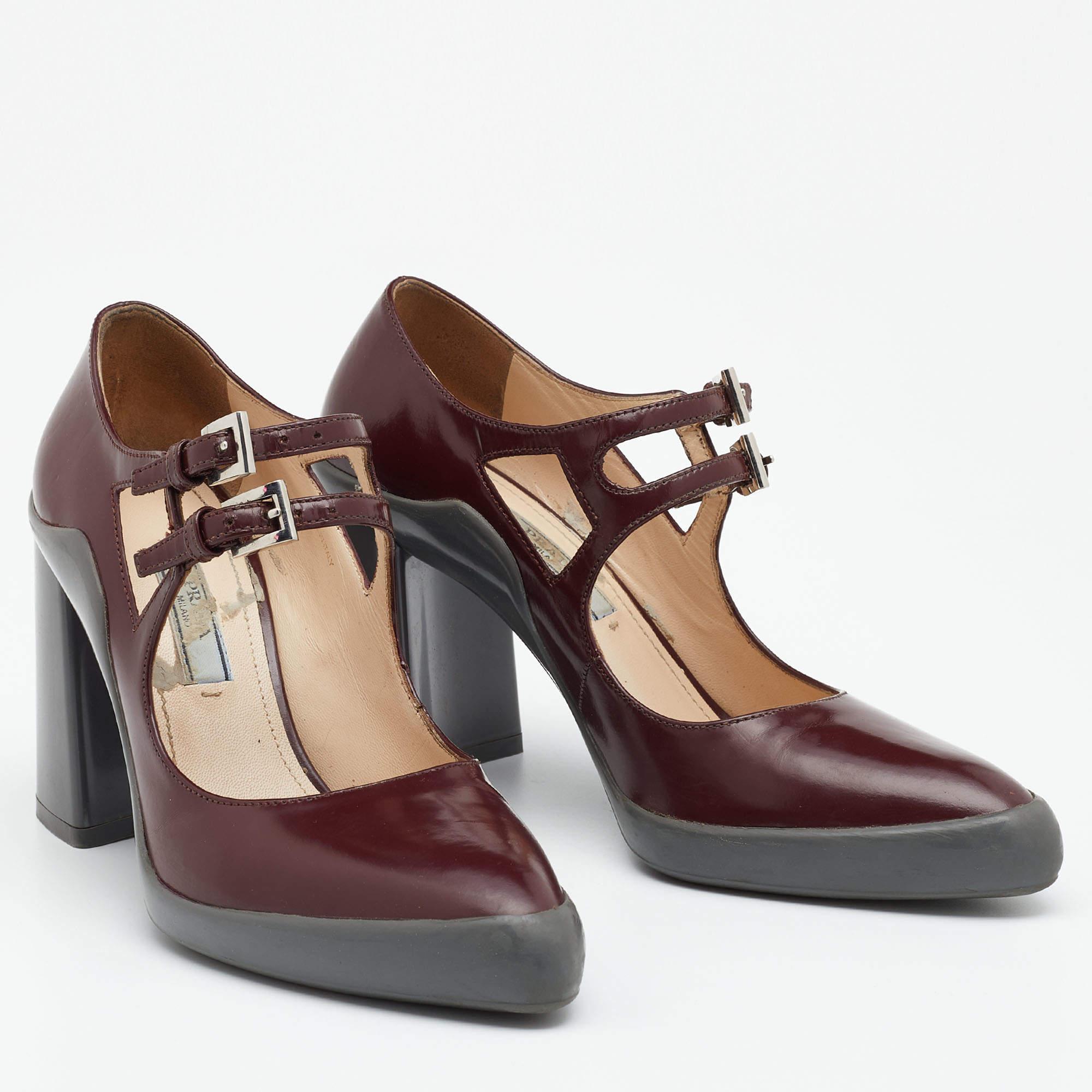Prada Burgundy Leather Dual Strap Mary Jane Block Heel Pumps Size 37.5 In Fair Condition In Dubai, Al Qouz 2