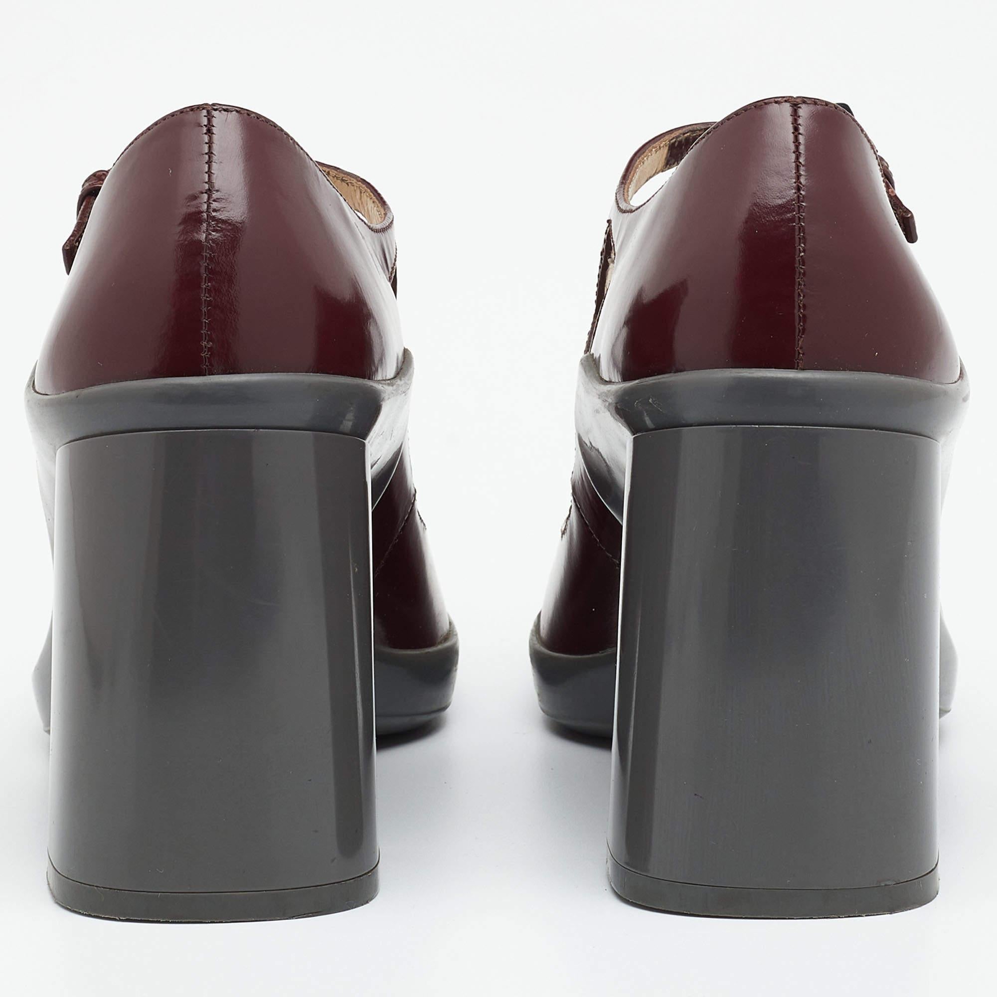 Women's Prada Burgundy Leather Dual Strap Mary Jane Block Heel Pumps Size 37.5