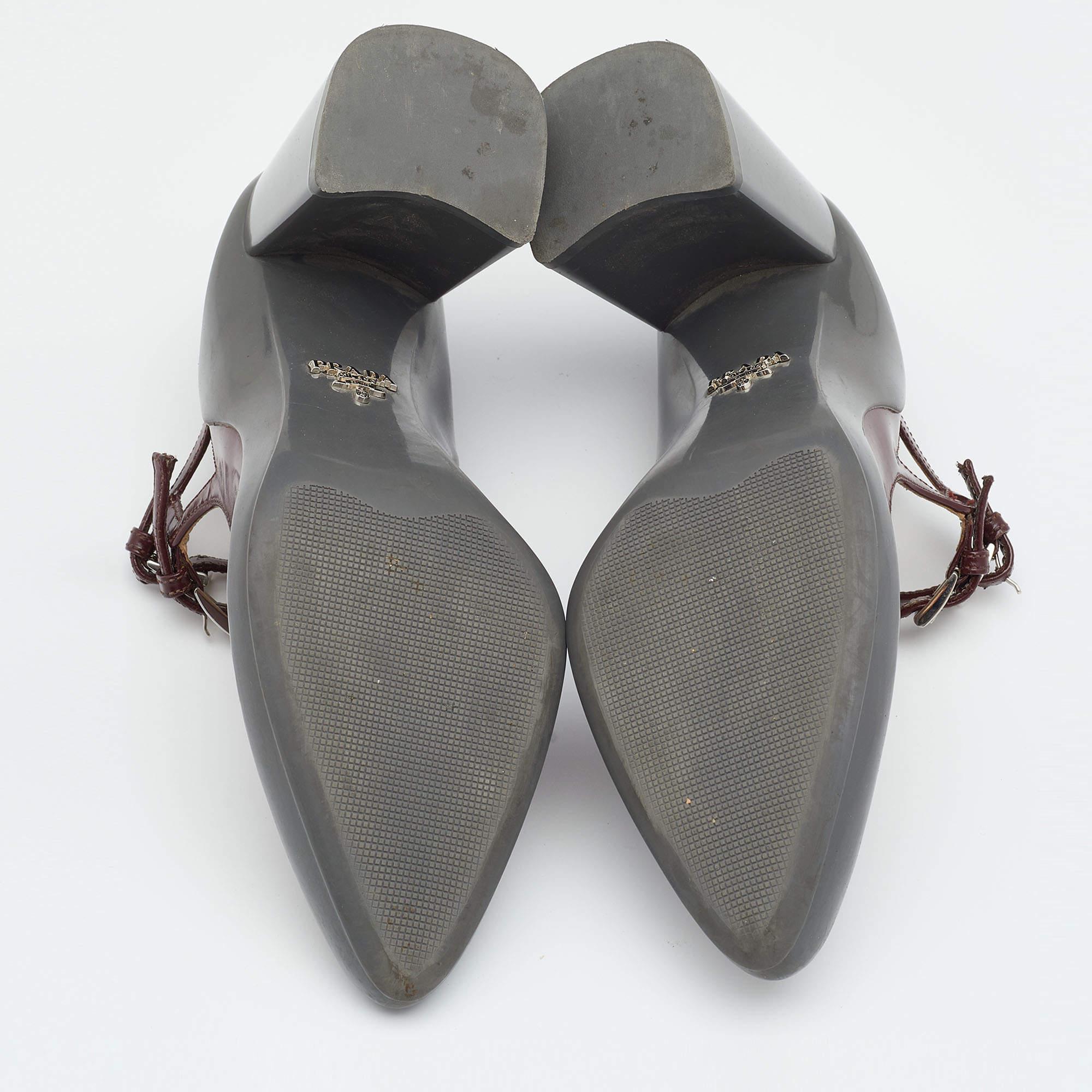 Prada Burgundy Leather Dual Strap Mary Jane Block Heel Pumps Size 37.5 1