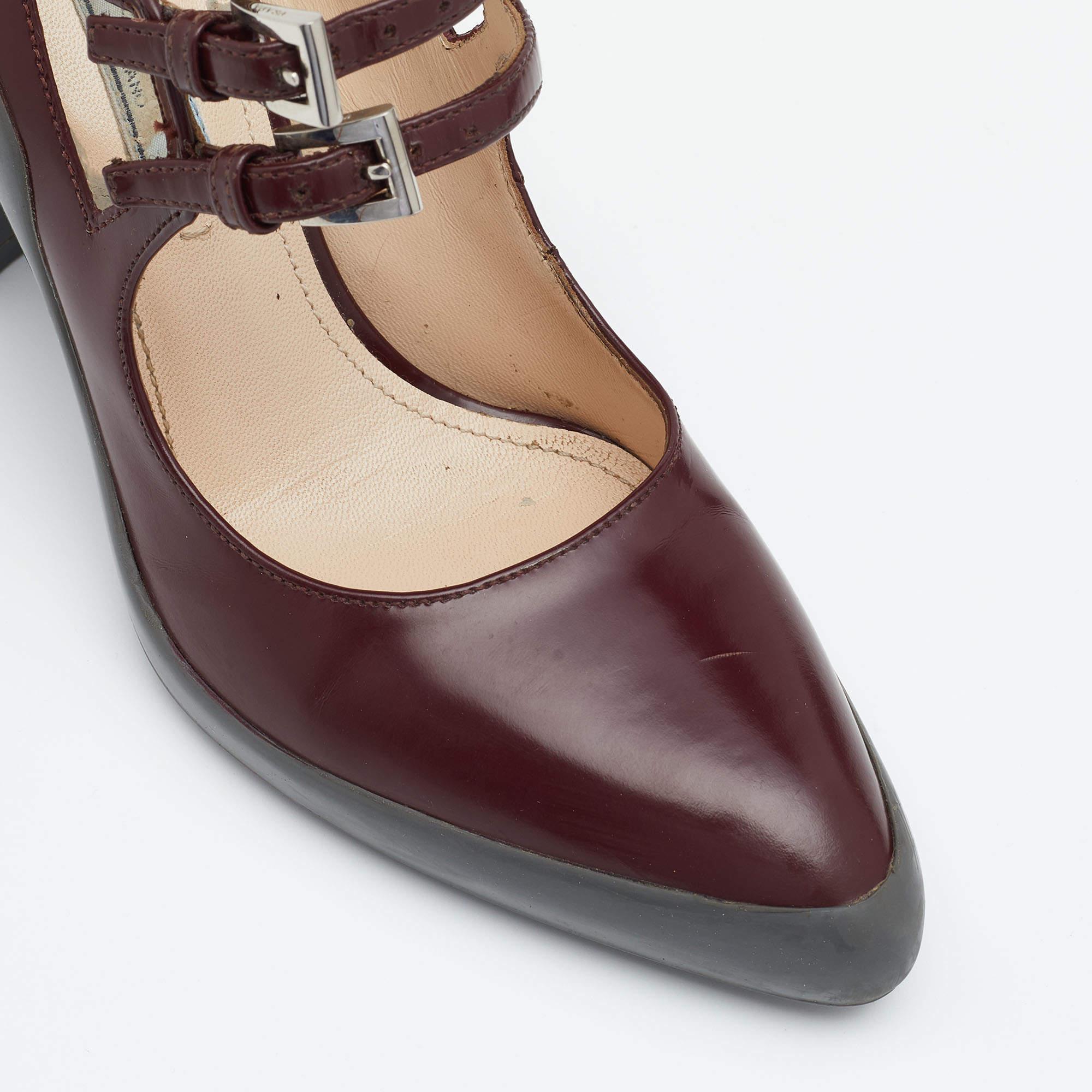 Prada Burgundy Leather Dual Strap Mary Jane Block Heel Pumps Size 37.5 2