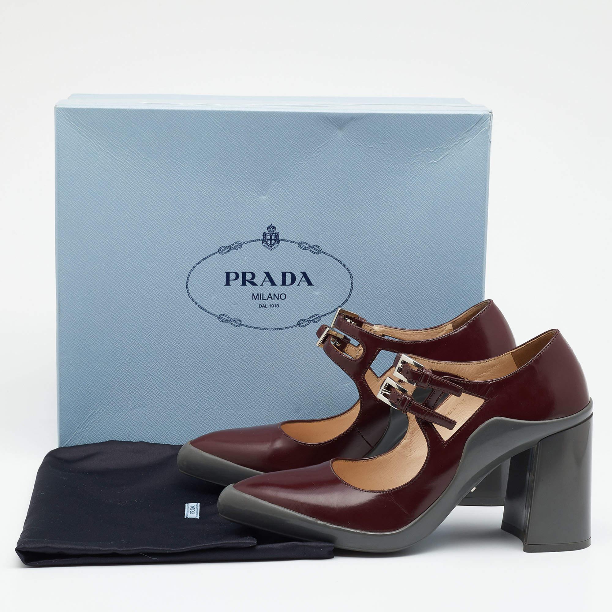 Prada Burgundy Leather Dual Strap Mary Jane Block Heel Pumps Size 37.5 4