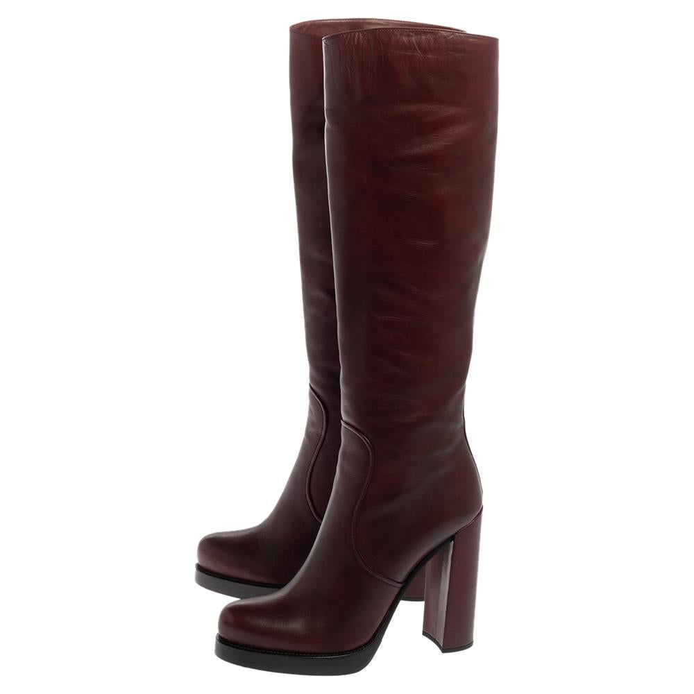 Black Prada Burgundy Leather Knee Length Boots Size 40