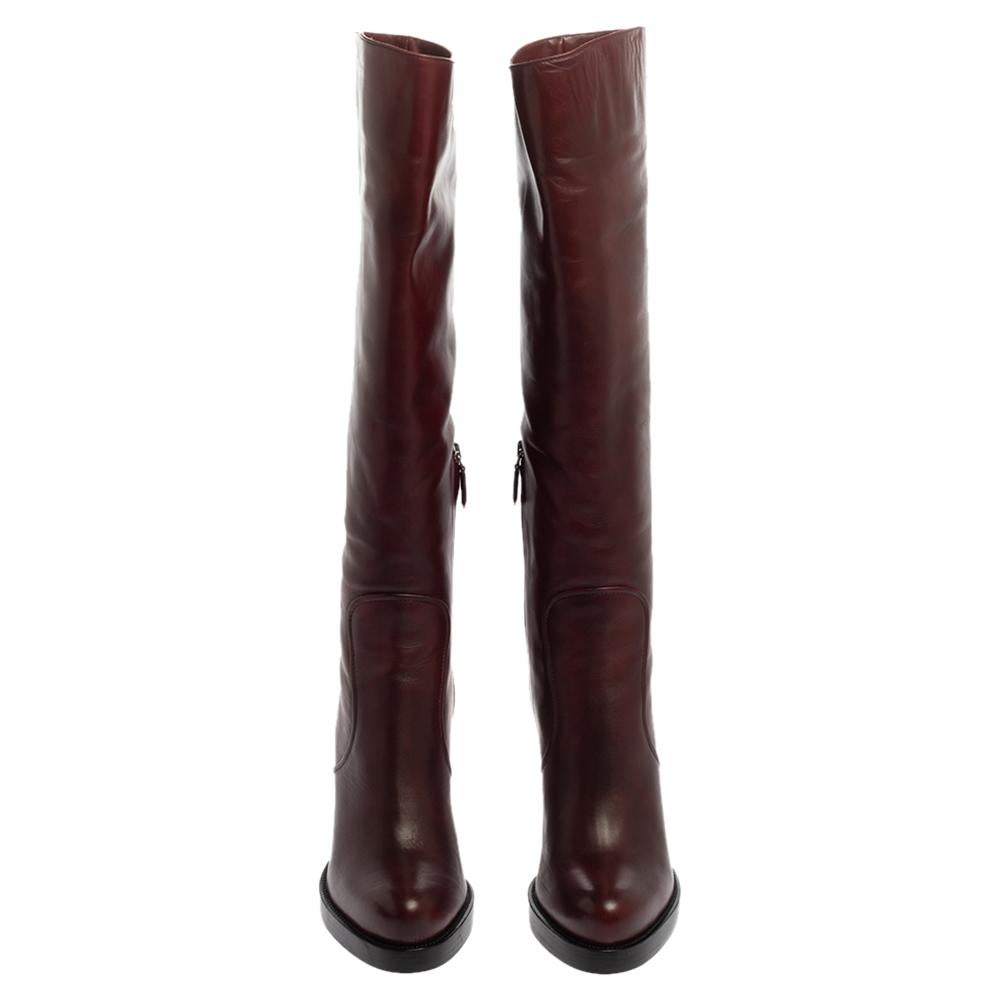 Prada Burgundy Leather Knee Length Boots Size 40 In New Condition In Dubai, Al Qouz 2