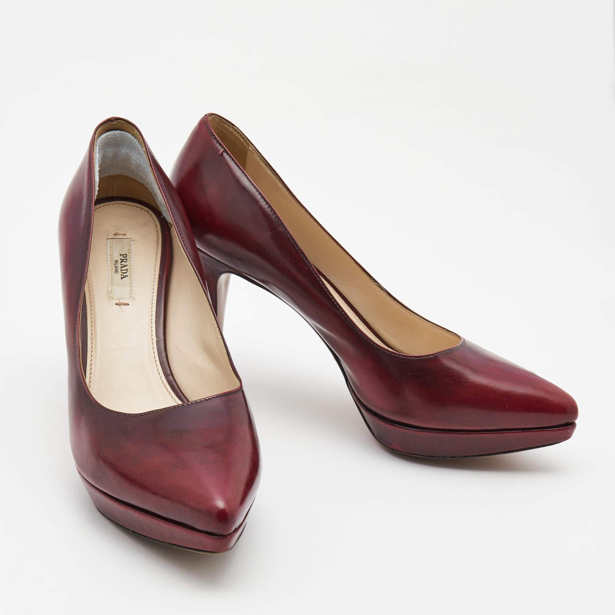 Women's Prada Burgundy Leather Platform Pointed Toe Pumps Size 37 For Sale