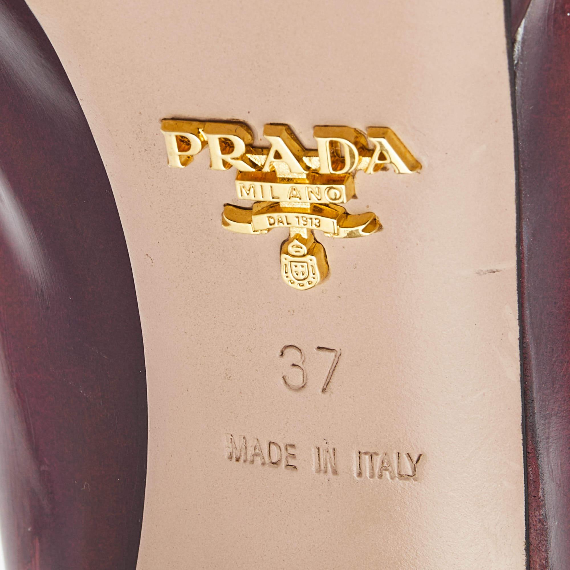 Prada Burgundy Leather Platform Pointed Toe Pumps Size 37 For Sale 1