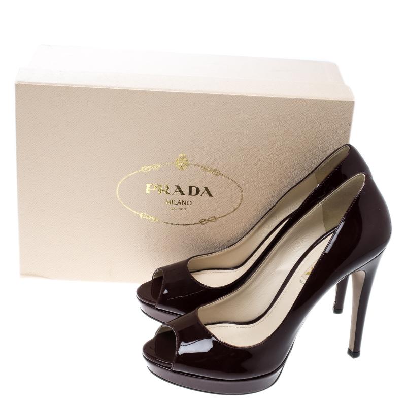 Prada Burgundy Patent Leather Peep Toe Platform Pumps Size 39 2