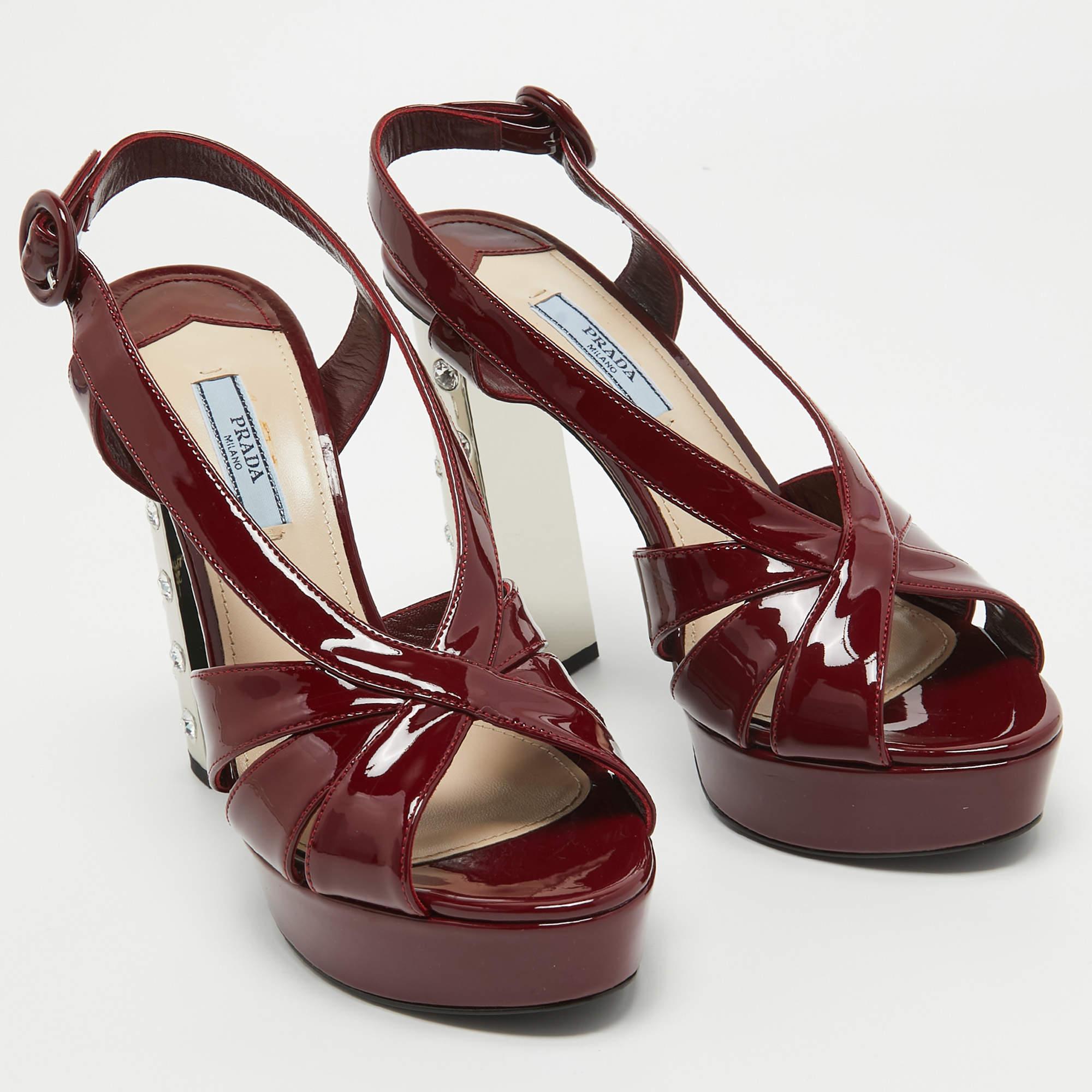 Women's Prada Burgundy Patent Leather Strappy Platform Sandals Size 38