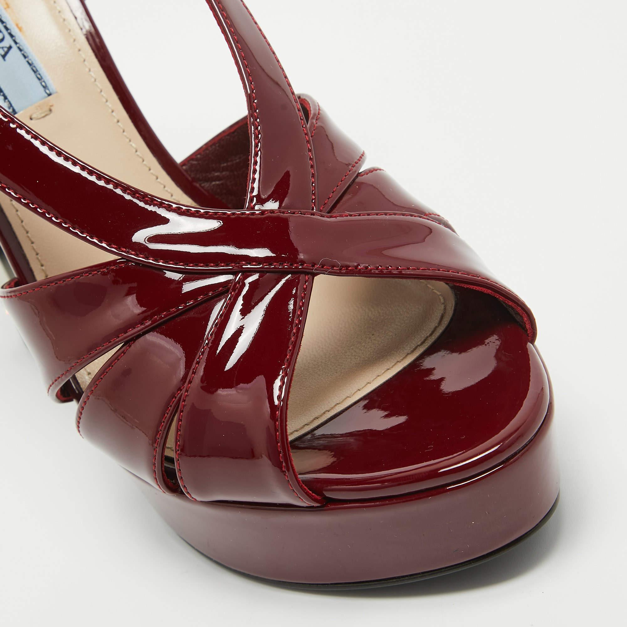 Prada Burgundy Patent Leather Strappy Platform Sandals Size 38 1
