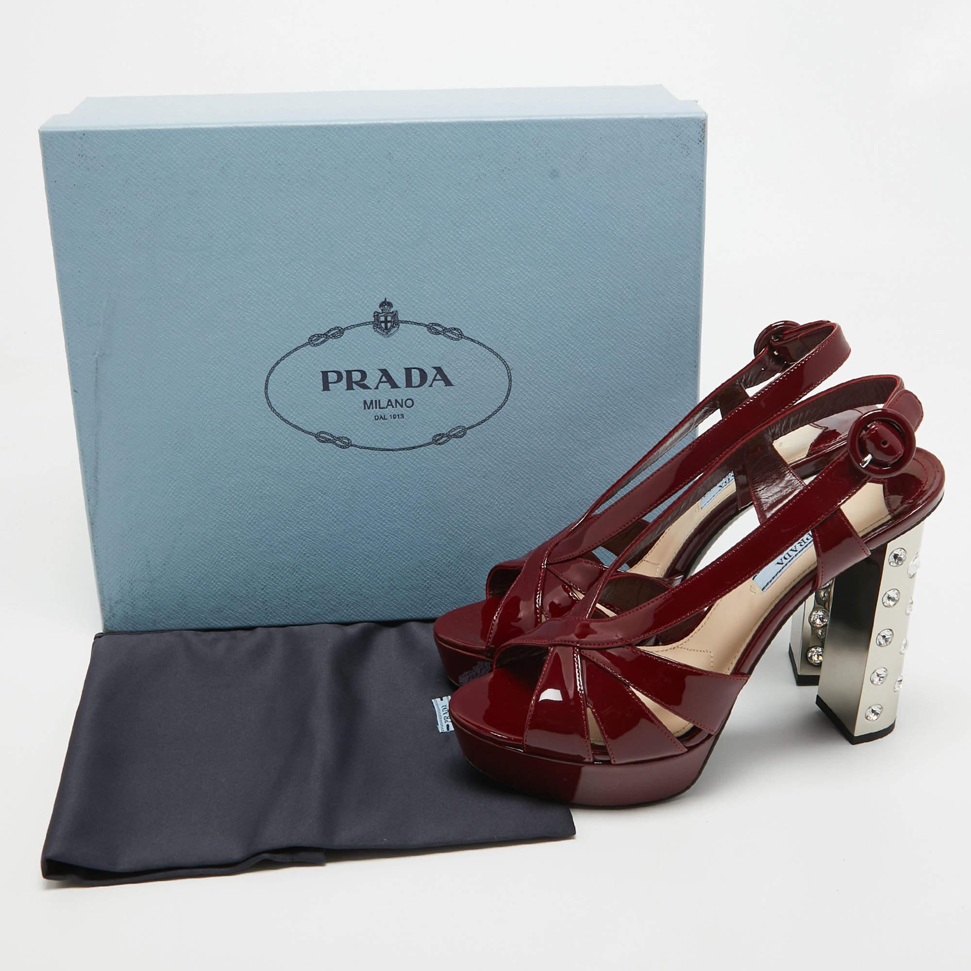 Prada Burgundy Patent Leather Strappy Platform Sandals Size 38 4