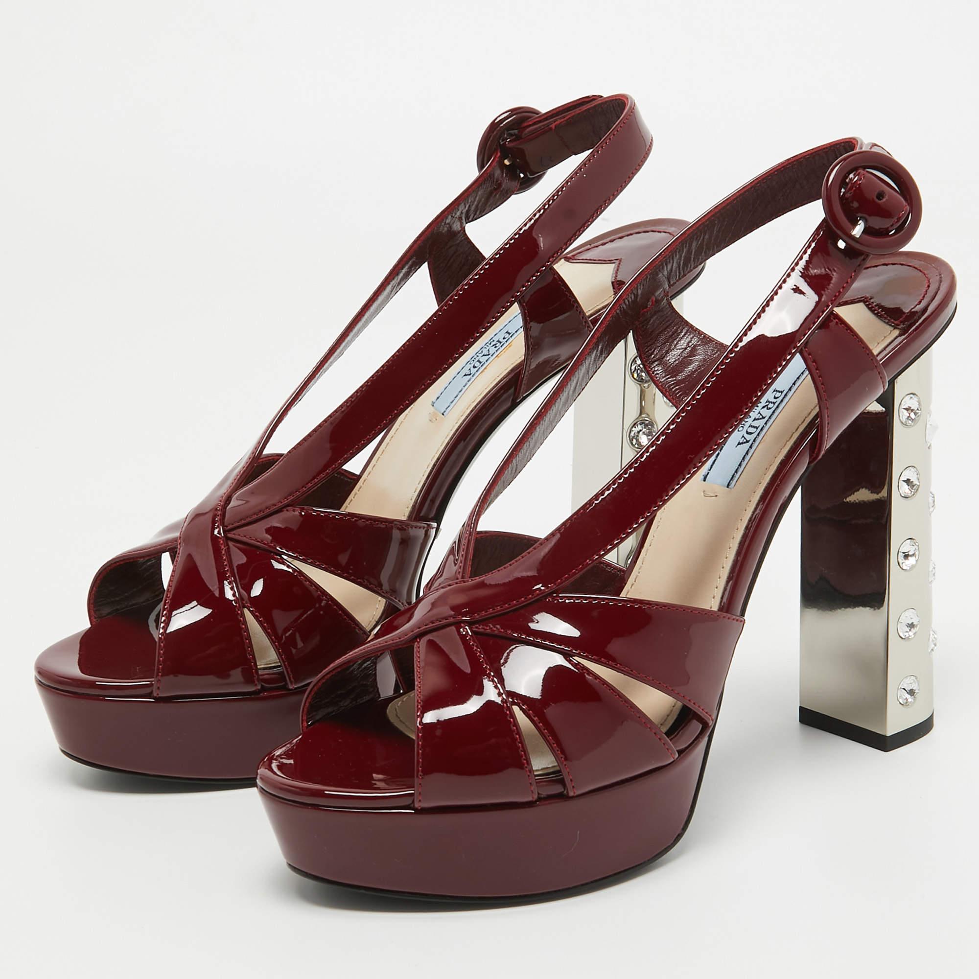 Prada Burgundy Patent Leather Strappy Platform Sandals Size 38 5