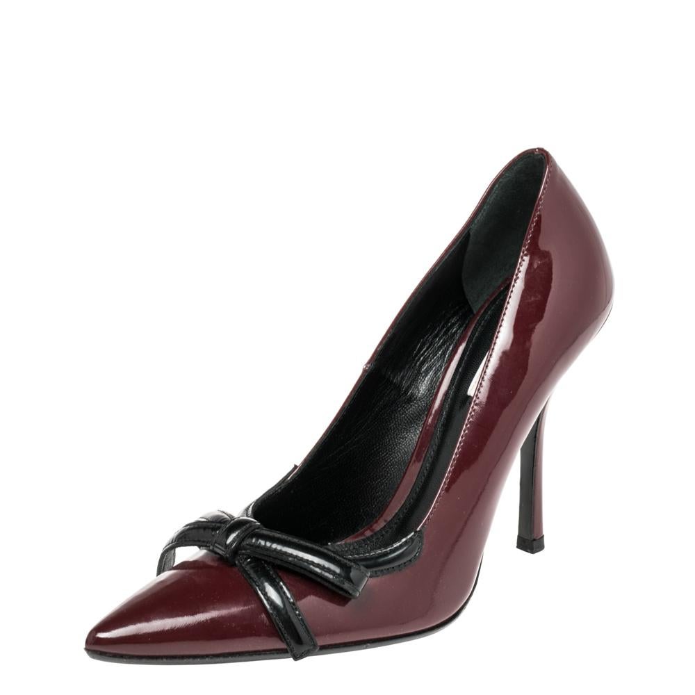 Prada Burgundy Patent Pointed Toe Bow Pumps Size 36 1