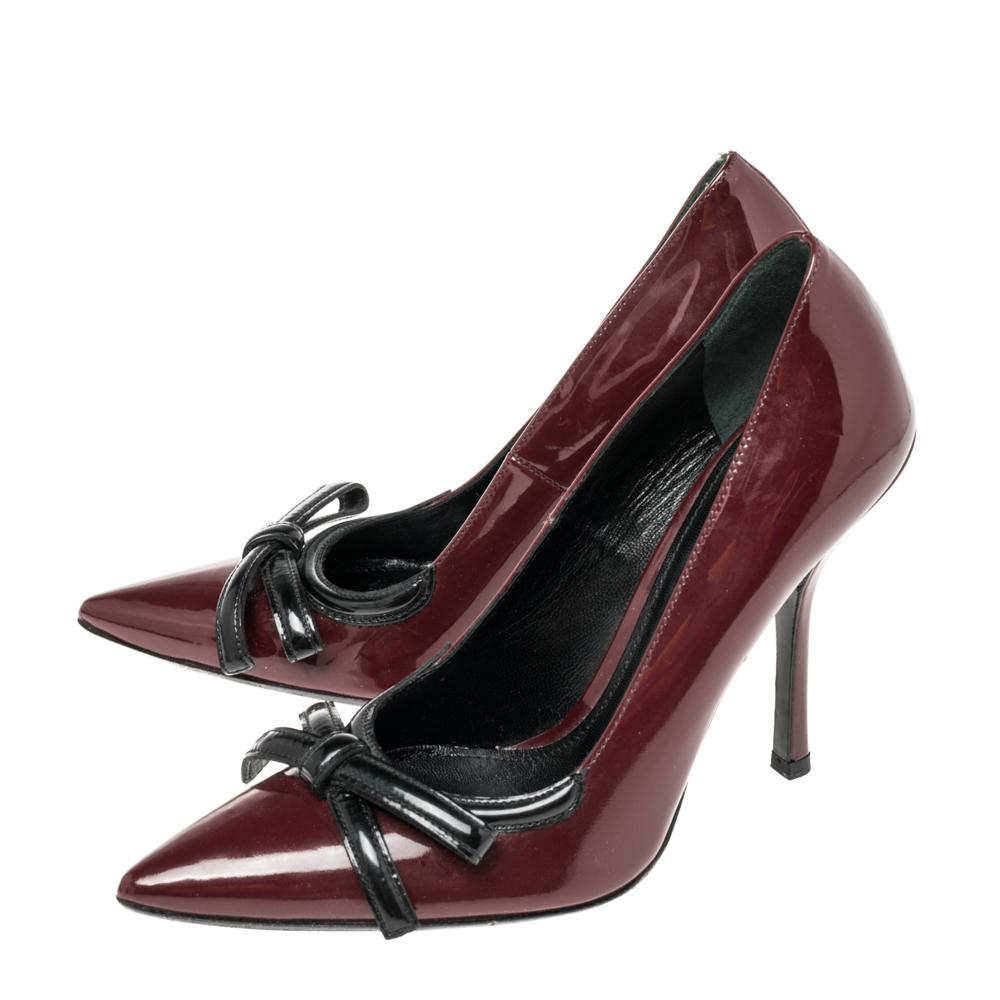 Prada Burgundy Patent Pointed Toe Bow Pumps Size 36 2
