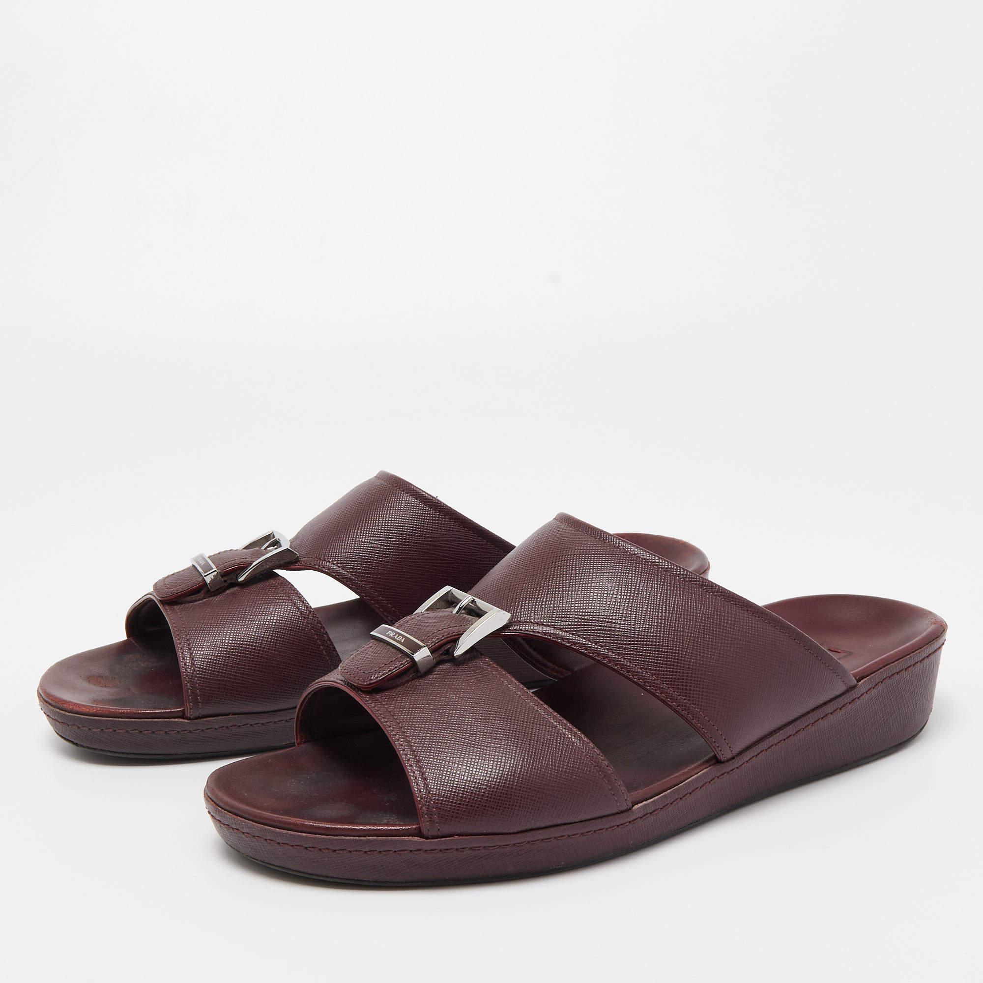 Black Prada Burgundy Saffiano Leather Buckle Slide Sandals Size 43.5