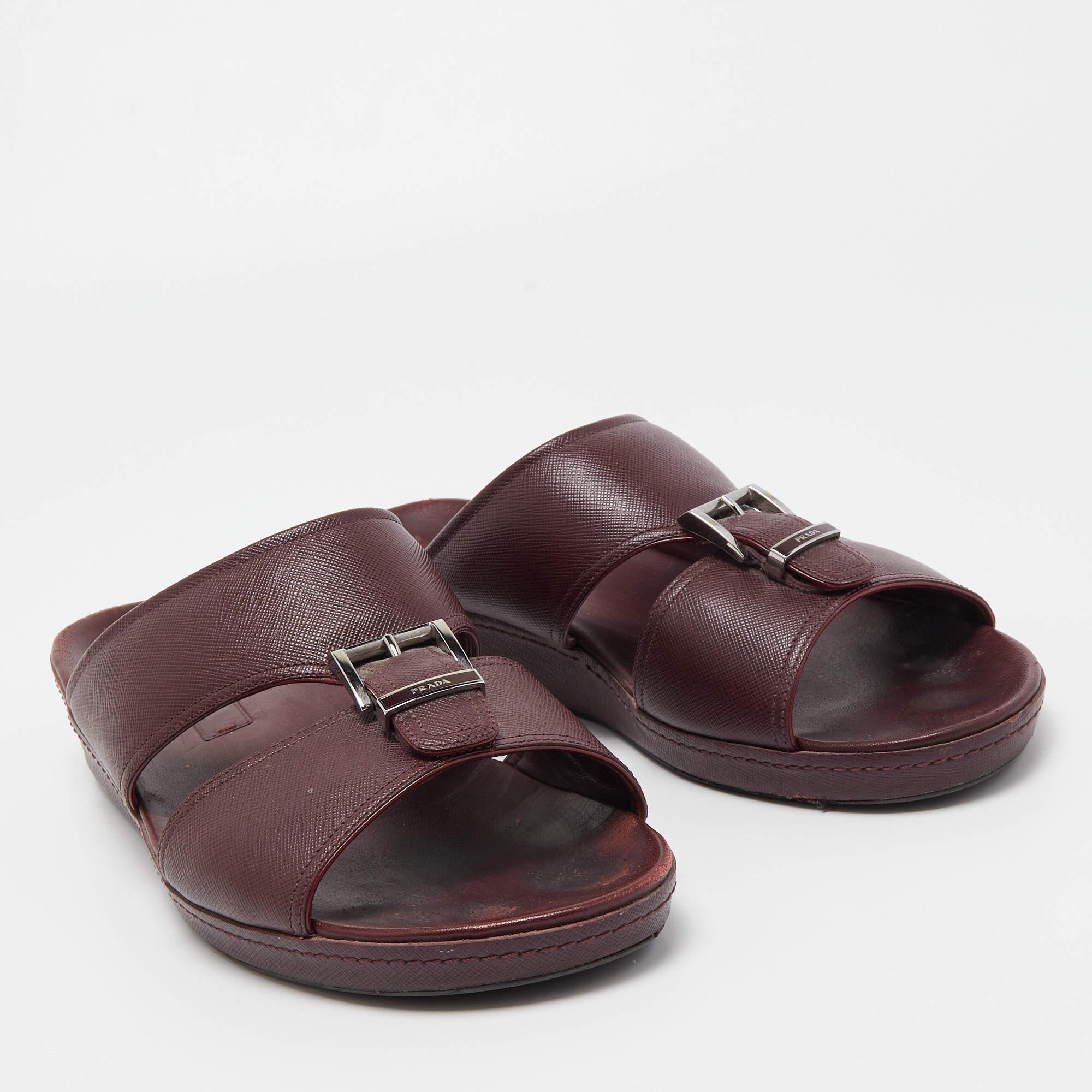 Prada Burgundy Saffiano Leather Buckle Slide Sandals Size 43.5 2