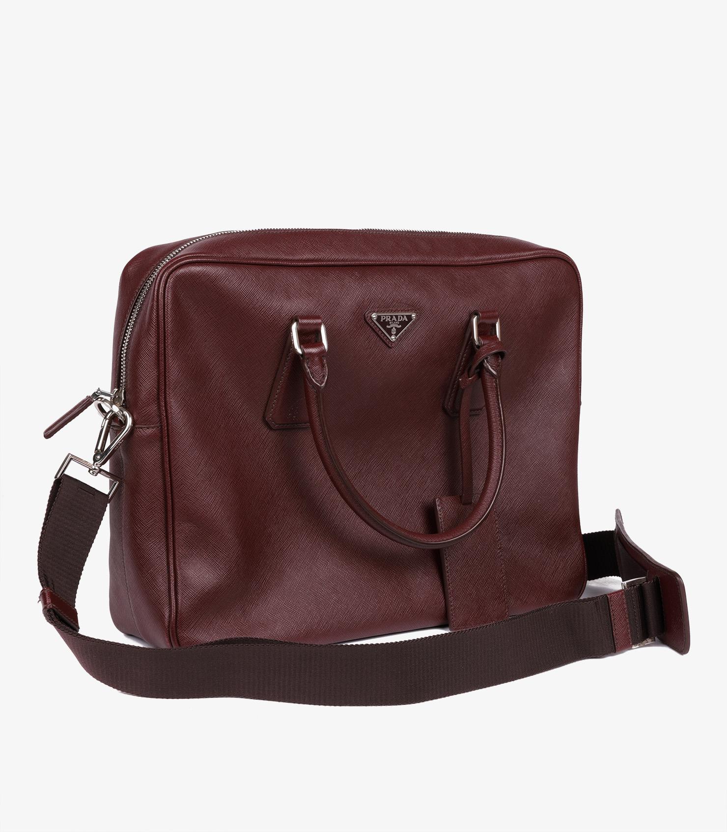 Nero Prada Burgundy Saffiano Leather Work Bag in vendita