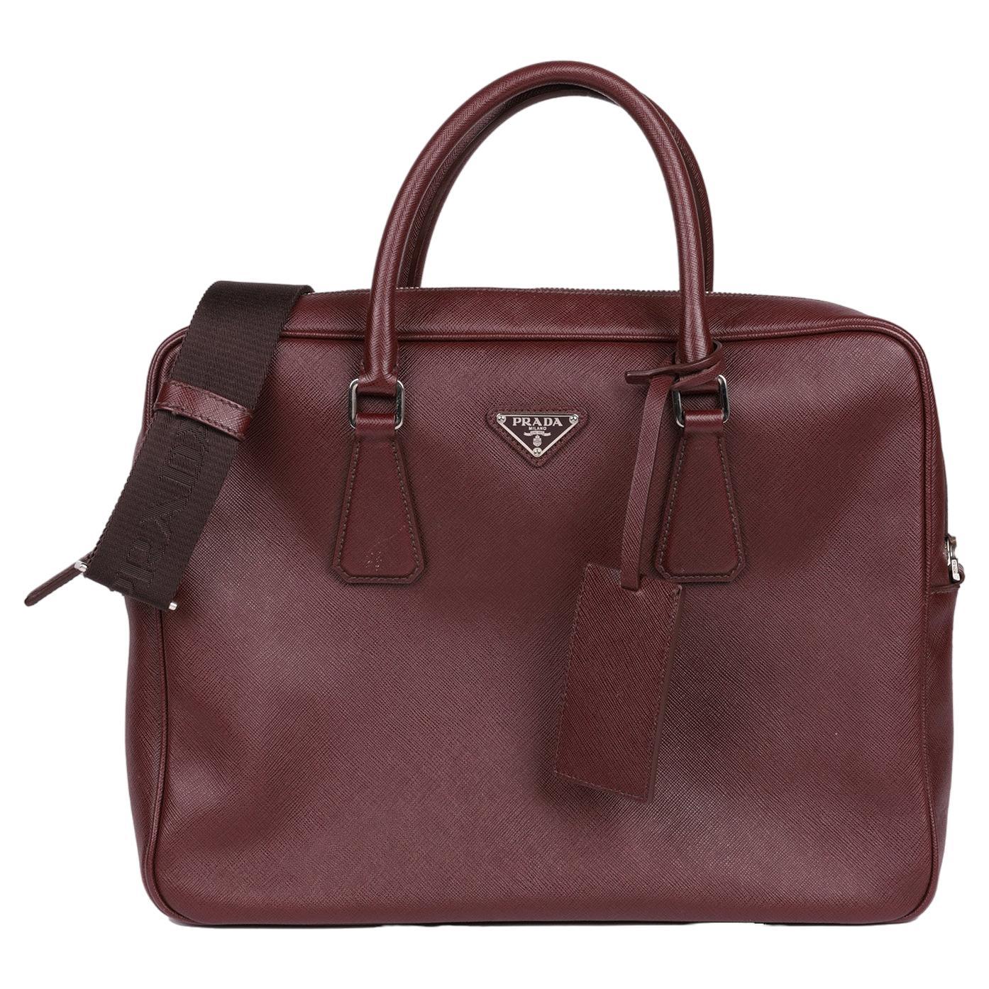 Prada Burgundy Saffiano Leather Work Bag For Sale