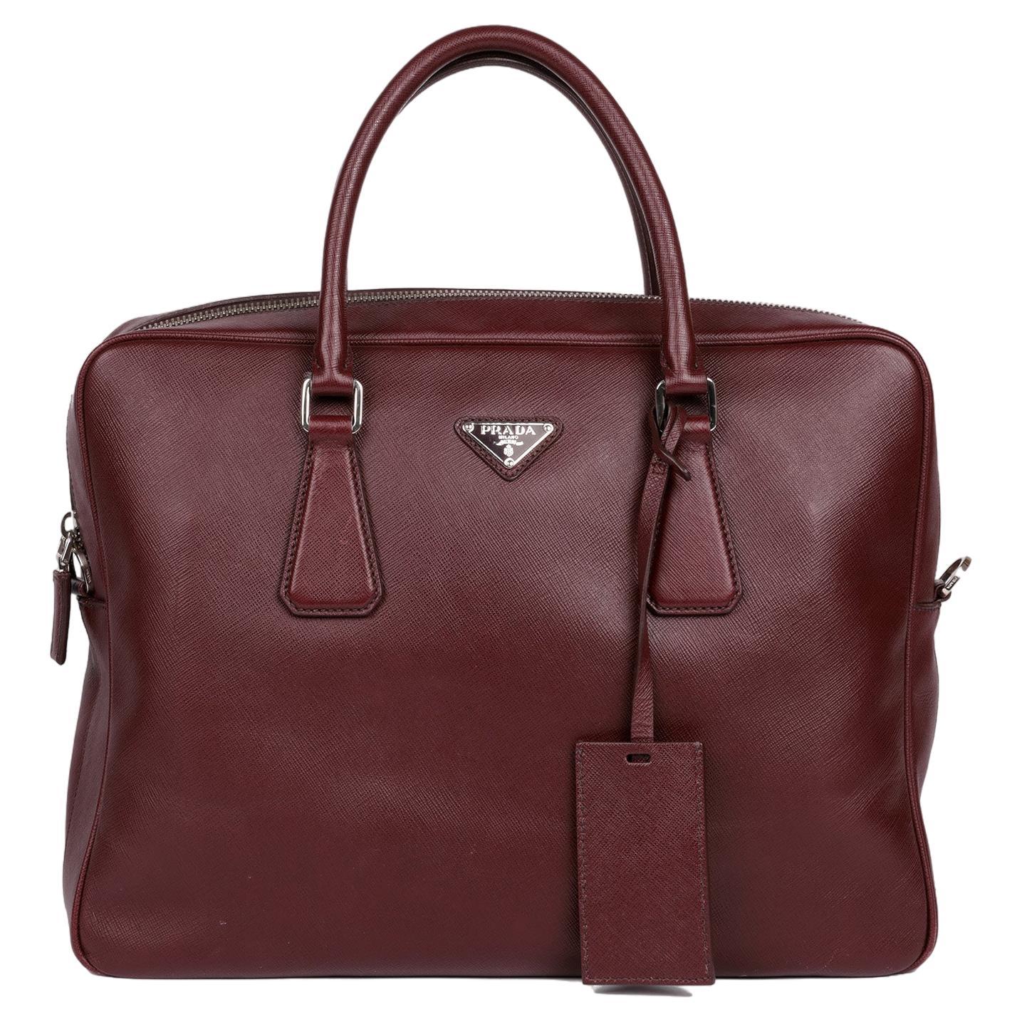 Prada Burgundy Saffiano Leather Work Bag For Sale
