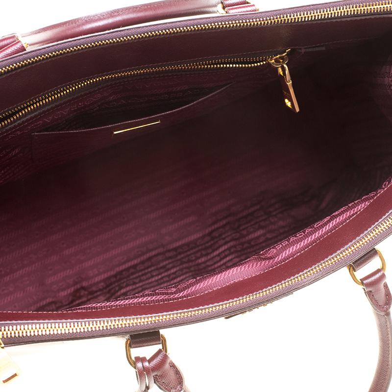 Women's Prada Burgundy Saffiano Lux Leather Executive Double Zip Tote