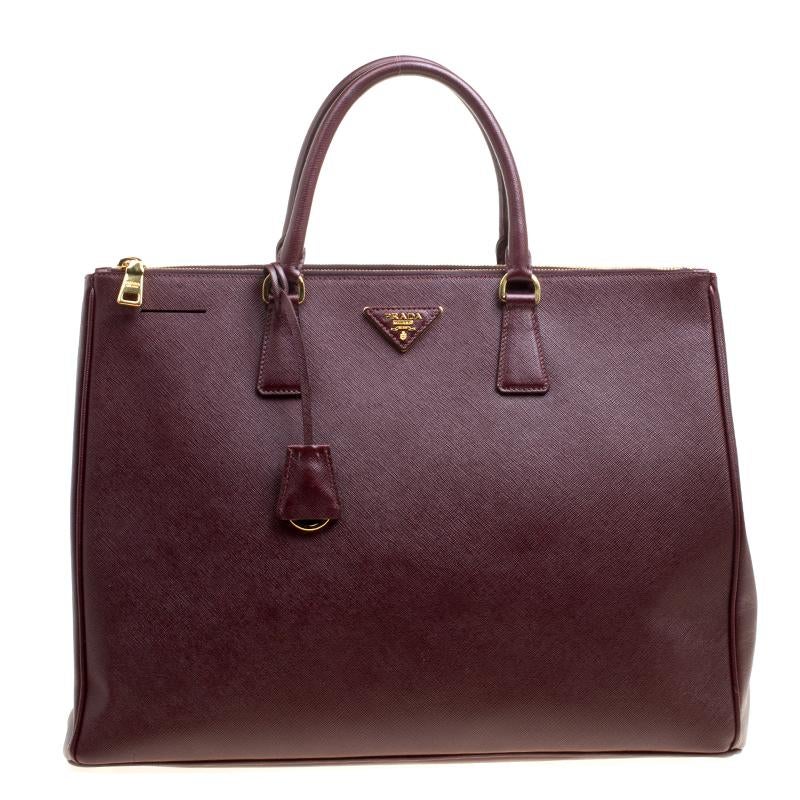 Prada Burgundy Saffiano Lux Leather Executive Double Zip Tote