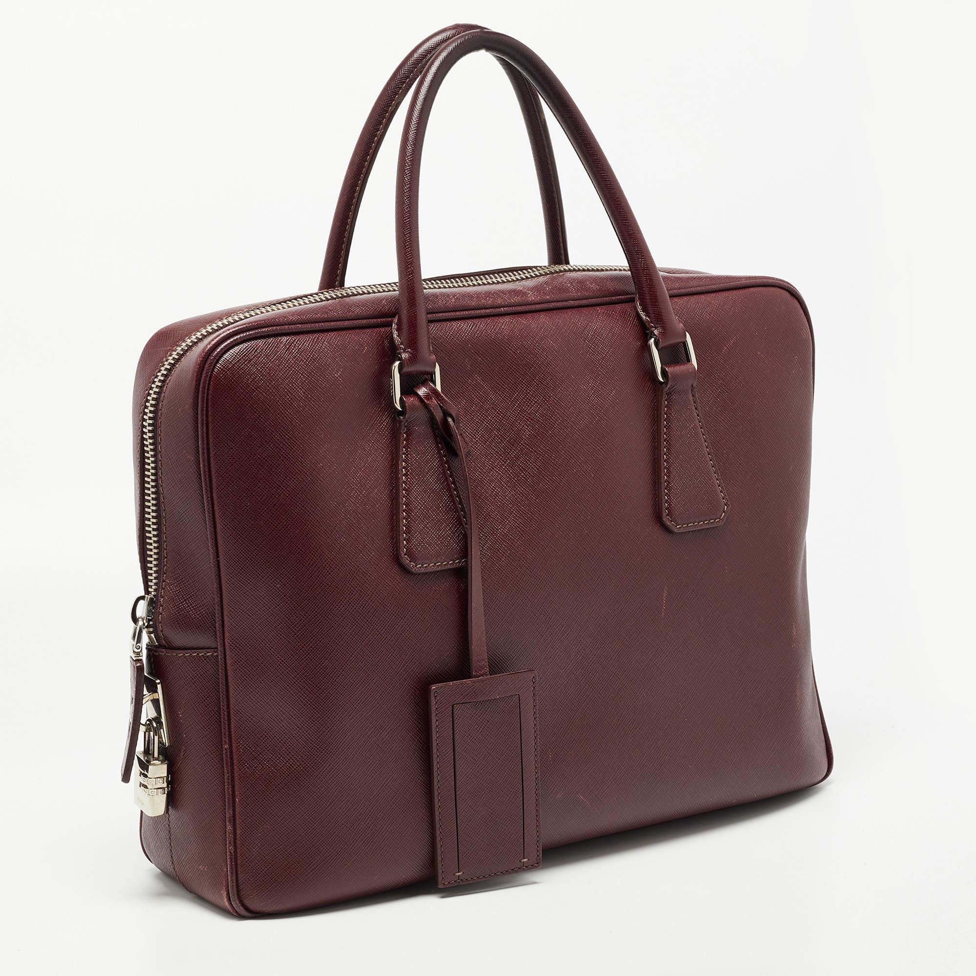 Prada Burgundy Saffiano Lux Leather Zip Briefcase 1