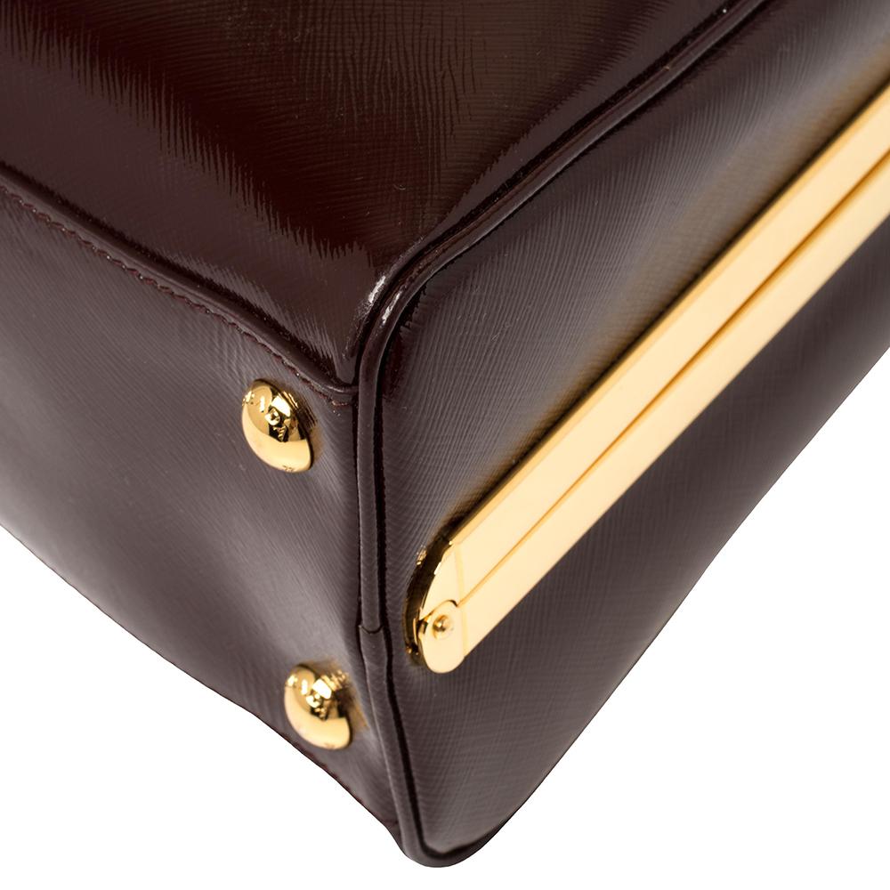 Prada Burgundy Saffiano Vernice Leather Pyramid Frame Satchel 3