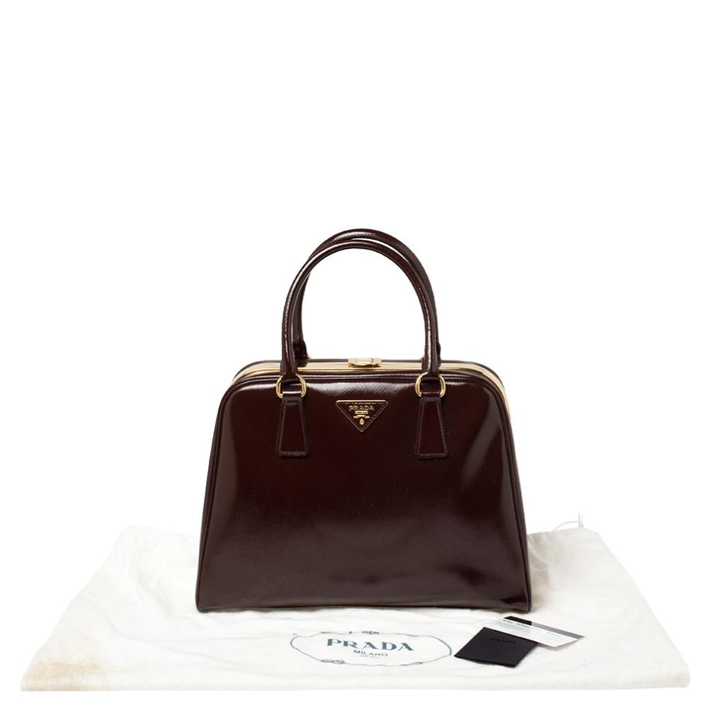 Prada Burgundy Saffiano Vernice Leather Pyramid Frame Satchel 4
