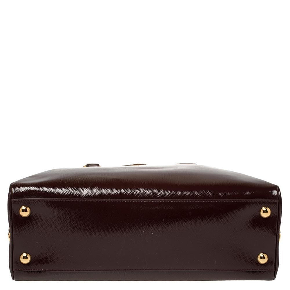 Black Prada Burgundy Saffiano Vernice Leather Pyramid Frame Satchel