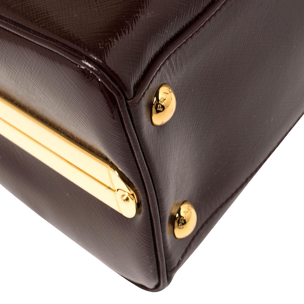 Prada Burgundy Saffiano Vernice Leather Pyramid Frame Satchel 2