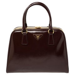 Prada Burgundy Saffiano Vernice Leather Pyramid Frame Satchel