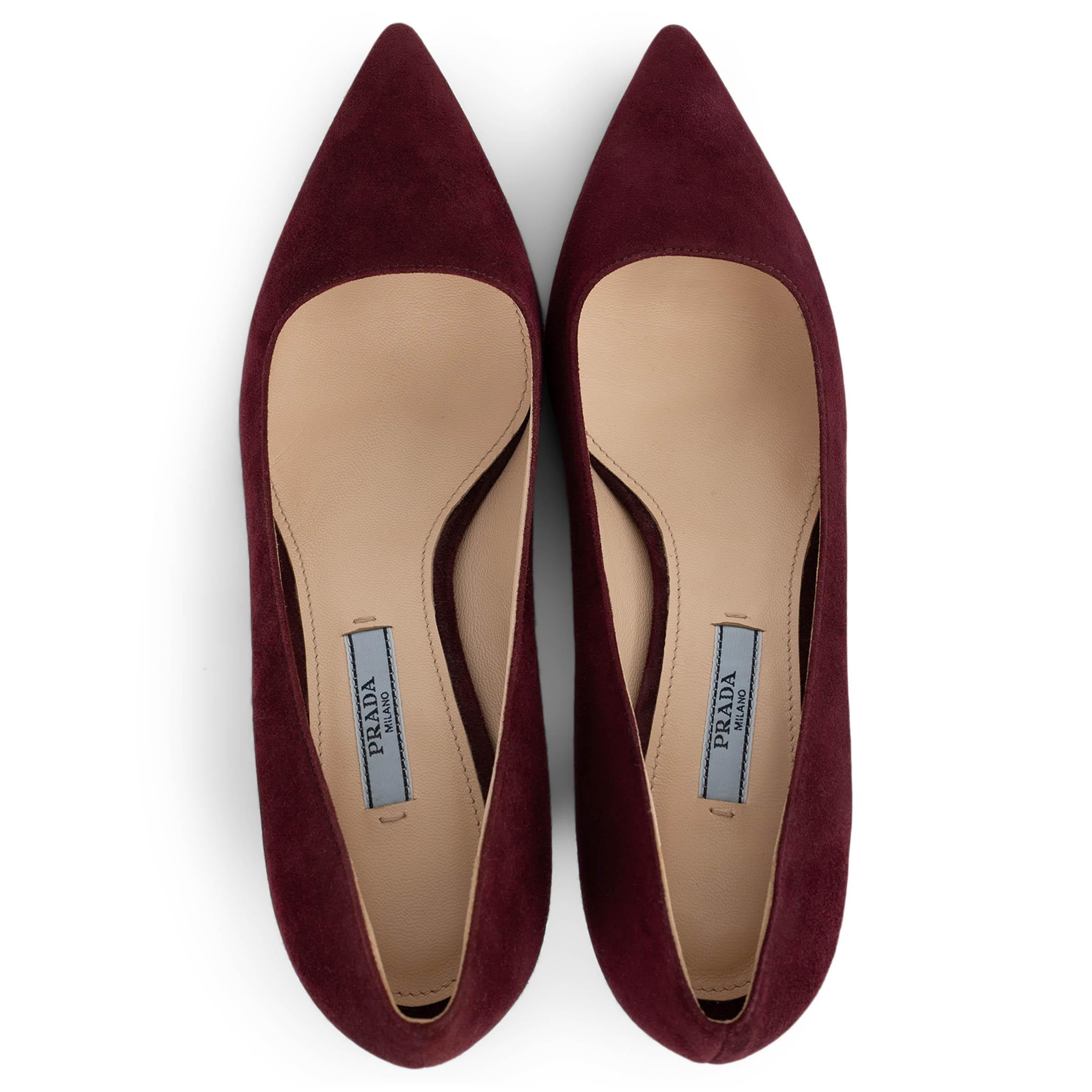 PRADA burgundy suede CLASSIC POINTED TOE Pumps Shoes 37.5 For Sale 1