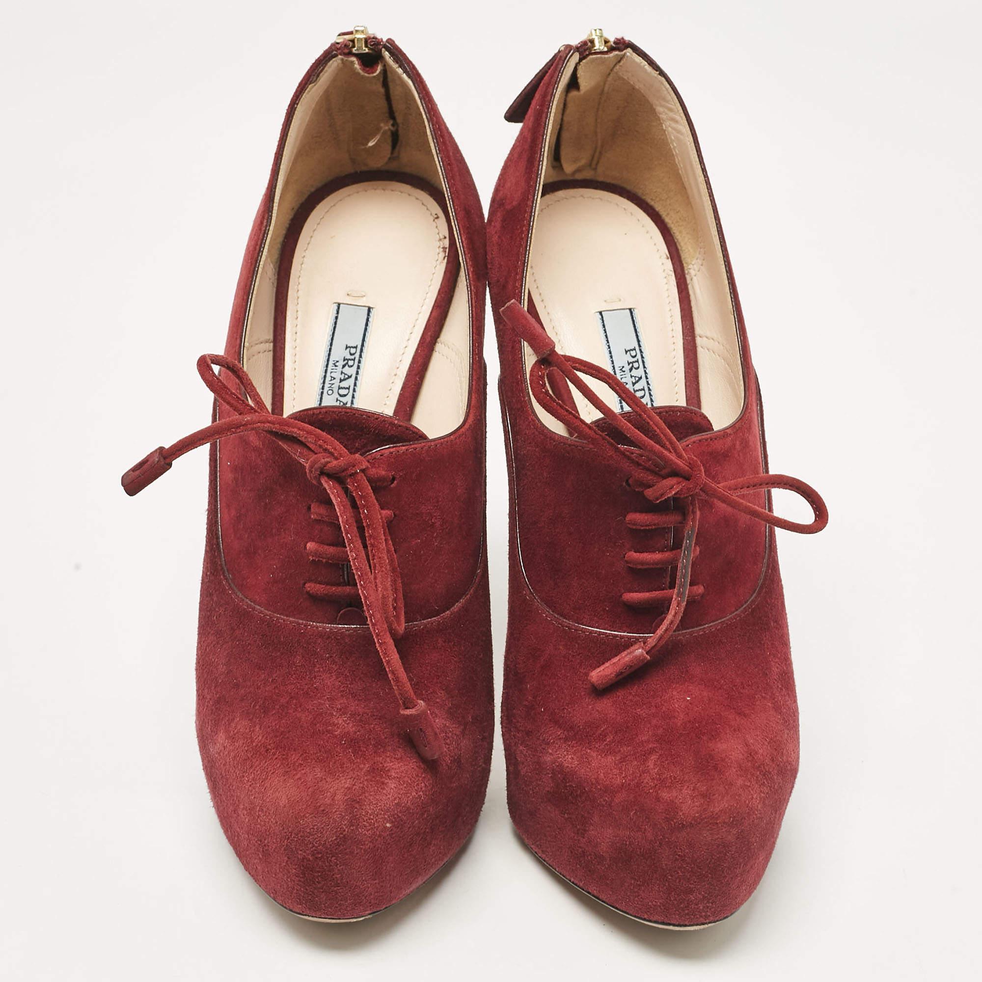 Brown Prada Burgundy Suede Lace Up Booties Size 37.5 For Sale